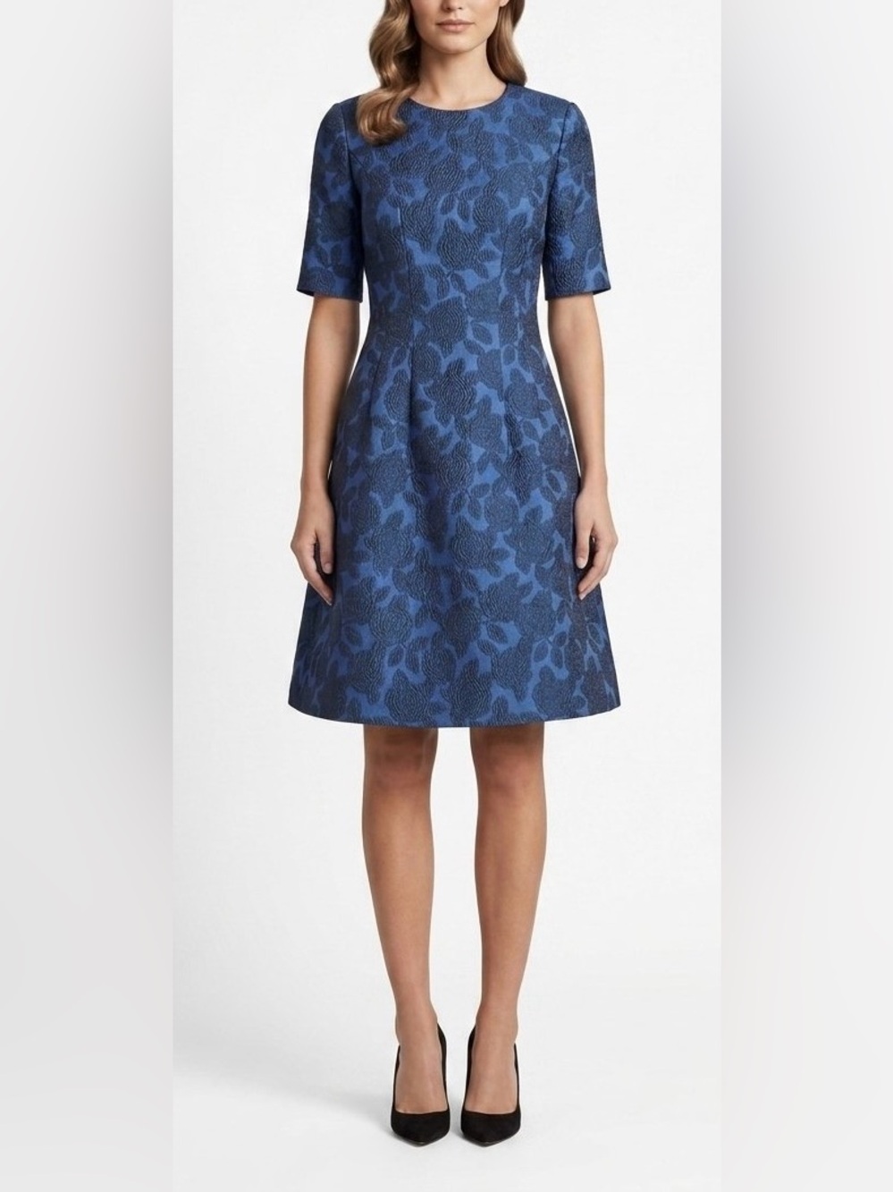 Lela Rose Holly Floral Jacquard Fit & Flare Dress Blue Black Size 6 MSRP $1595